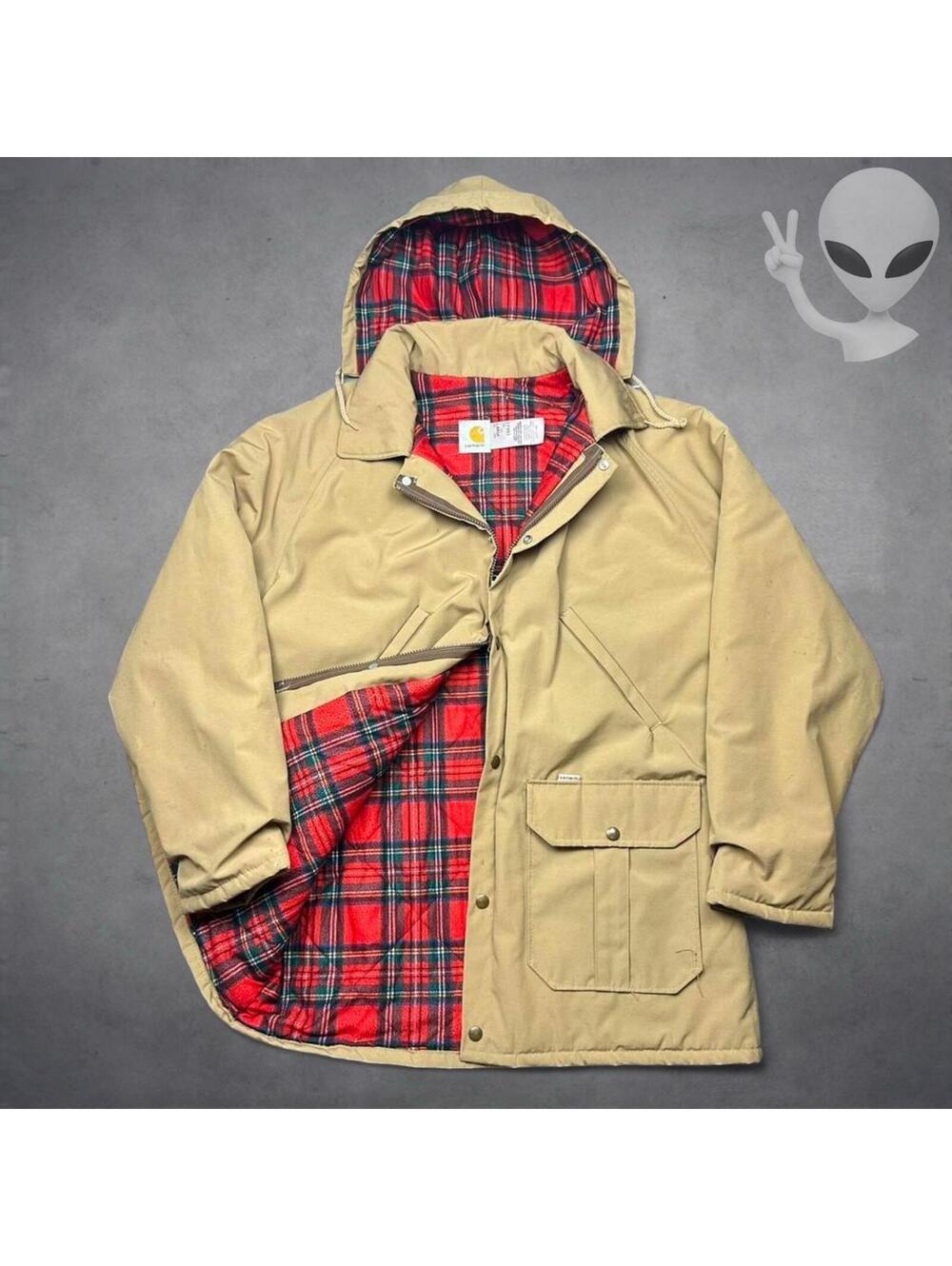 Vintage Carhartt Tan Hooded Parka Jacket Mens Large Plaid Blanket Lined USA Made
